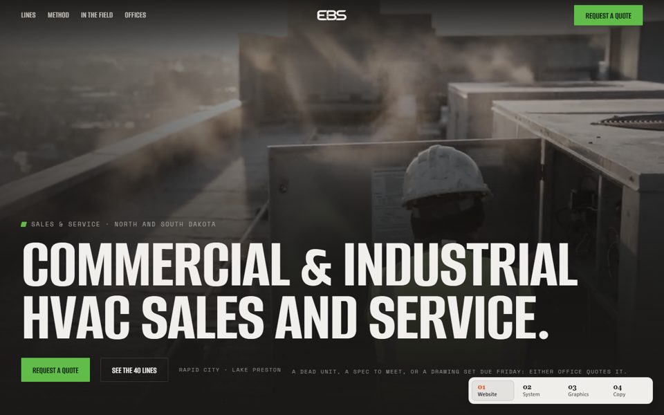 Concept E — Field Work: dark hero with condensed uppercase headline over rooftop steam