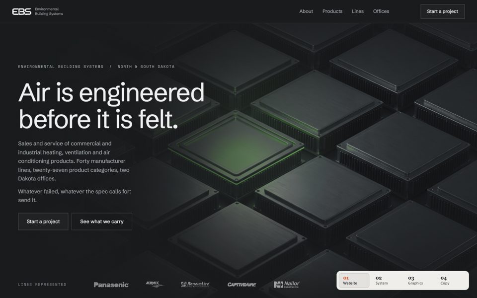 Concept F — Blueprint: dark hairline-grid hero with quiet headline over machined equipment