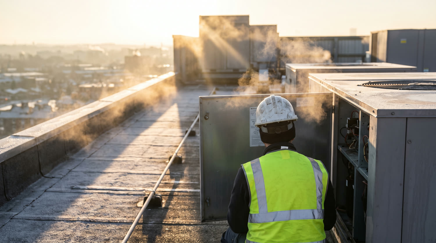 A technician servicing a rooftop unit