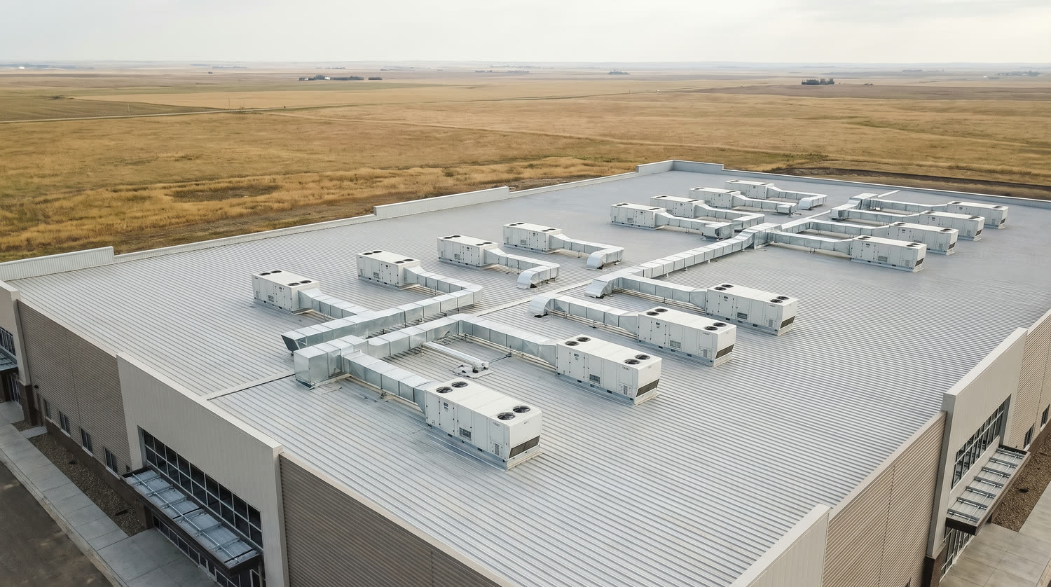 Aerial view of a commercial building and rooftop equipment