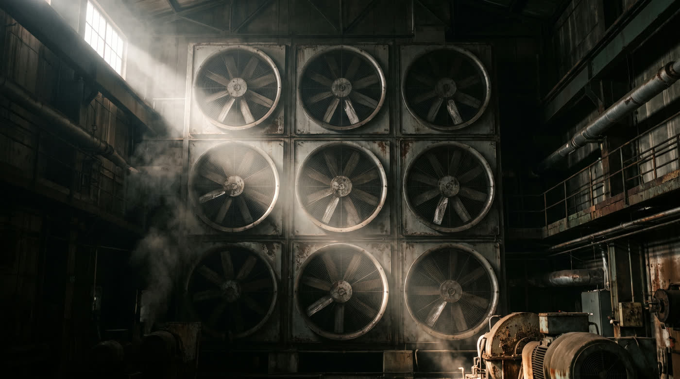 A wall of large industrial exhaust fans