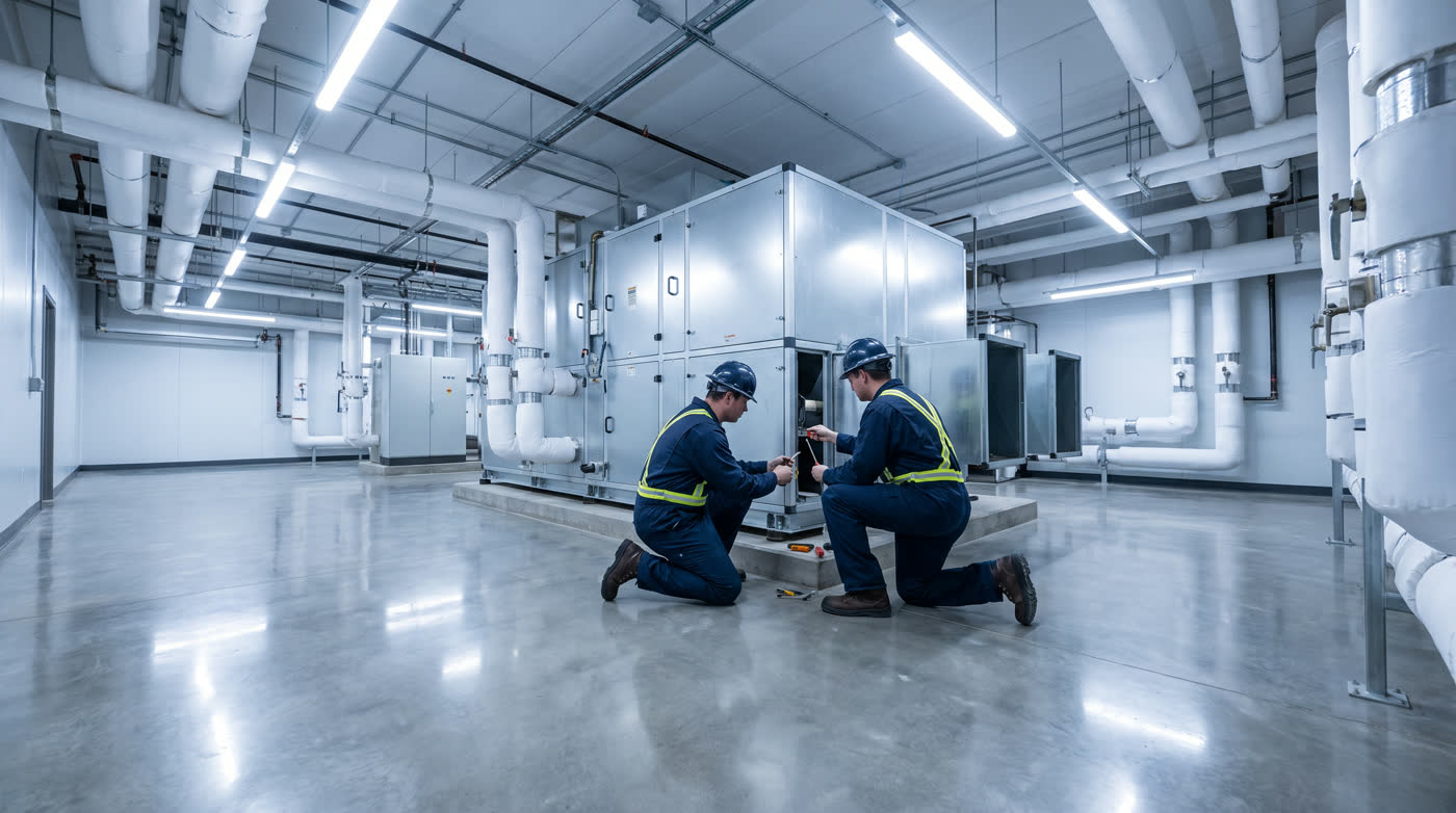 Two technicians servicing an air handling unit
