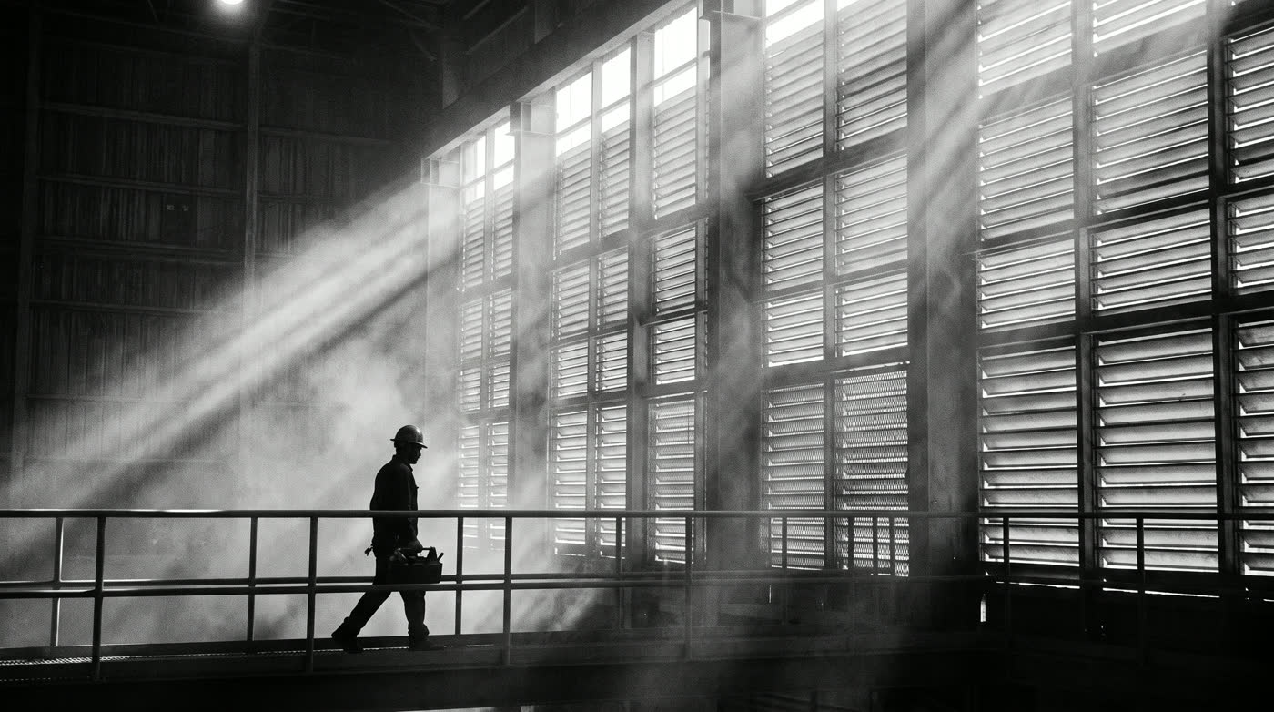 A technician crossing a catwalk past intake louvers