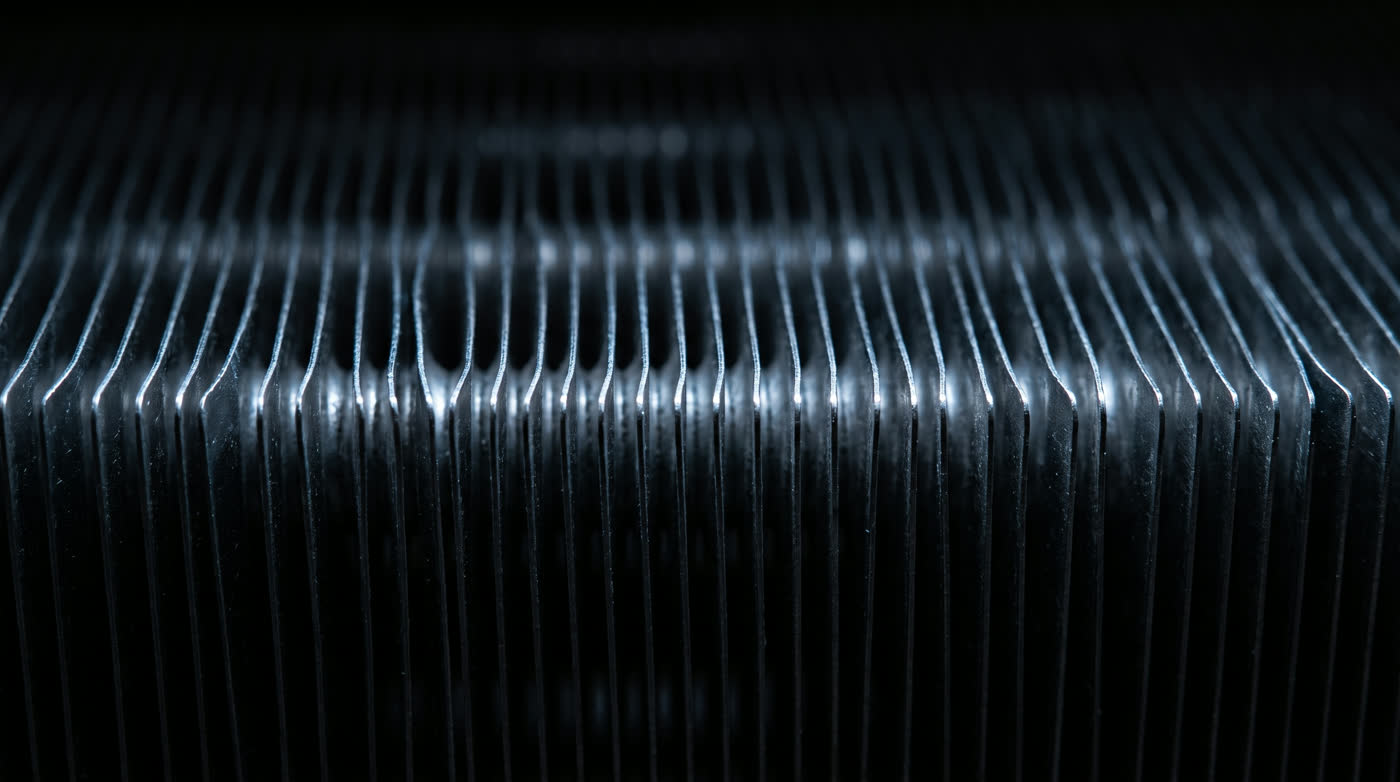 Close view of an aluminium fin-and-tube coil