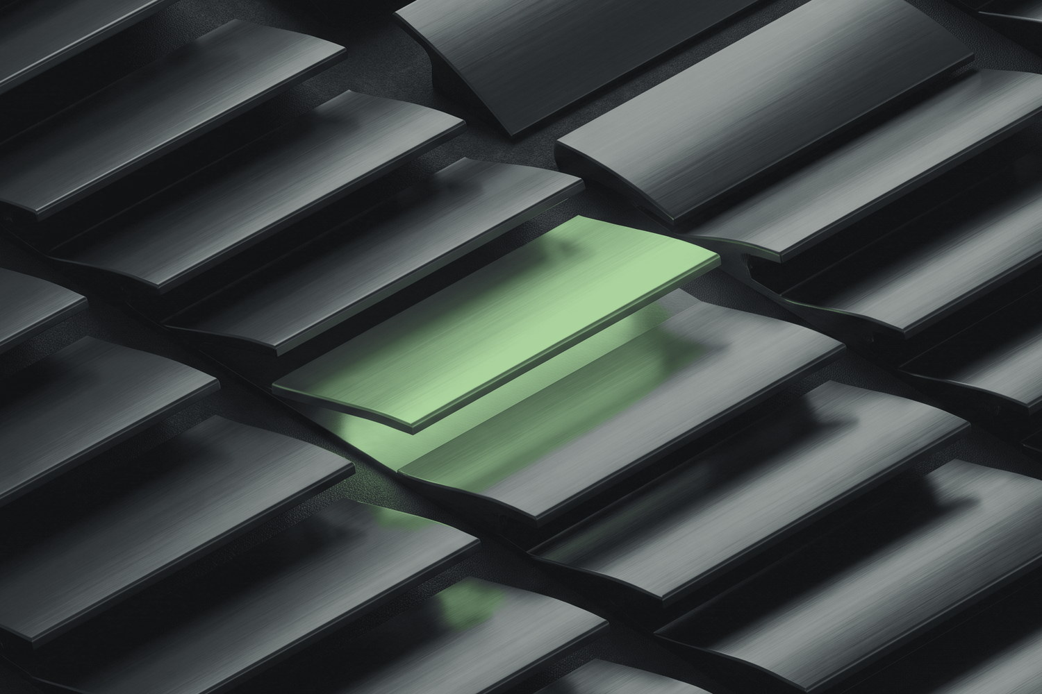 Overlapping dark formed sheet-metal blades, one lit from within