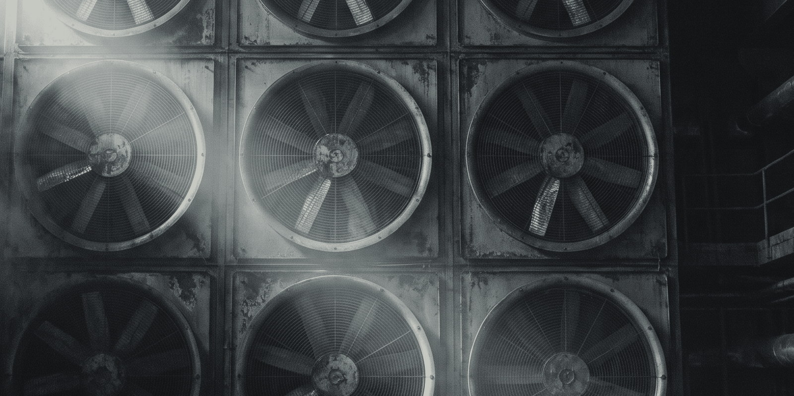 A bank of large industrial exhaust fans, close, dark plant