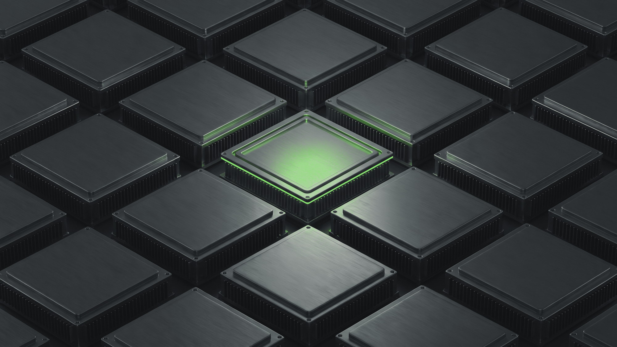 A grid of dark machined heat-sink modules, one lit in green